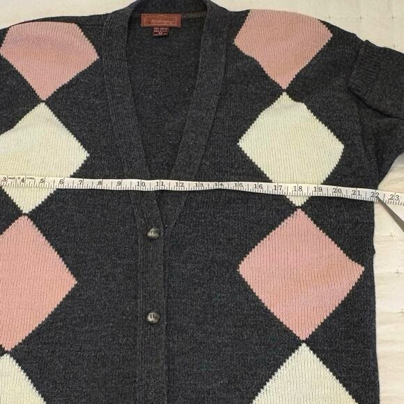 Vintage Worthington Argyle Cardigan Sweater Women's M | Gray Pink White V-Neck - Picture 7 of 9